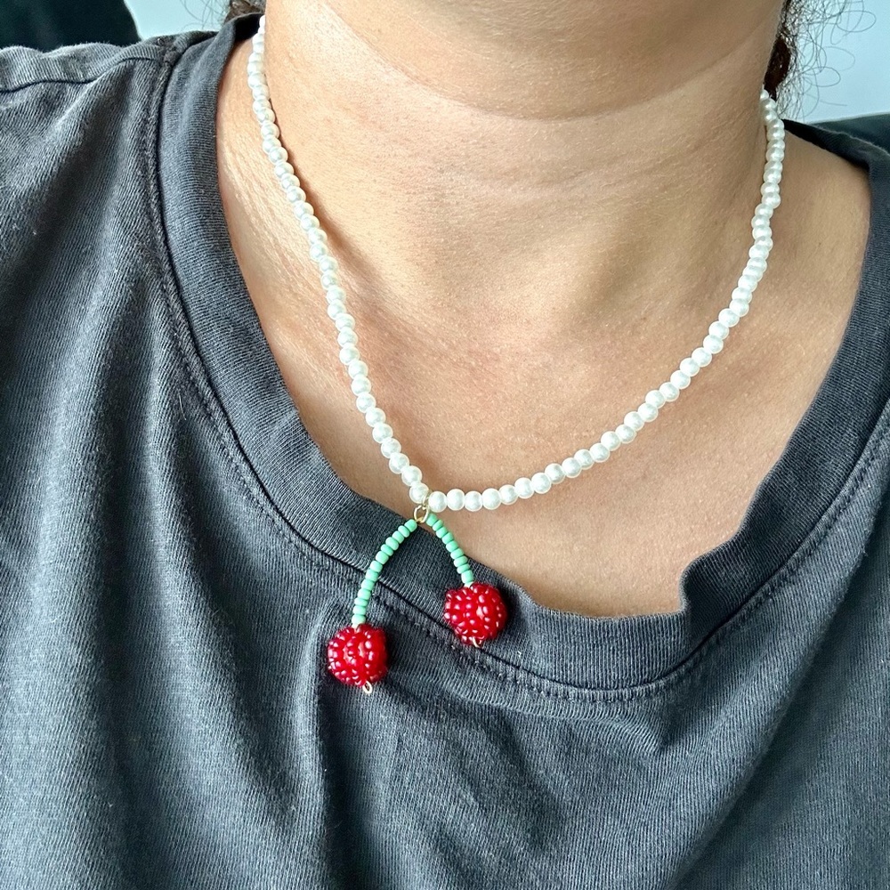 Cherry pendant faux pearl beaded necklace, 90s Y2k choker, fruit necklace